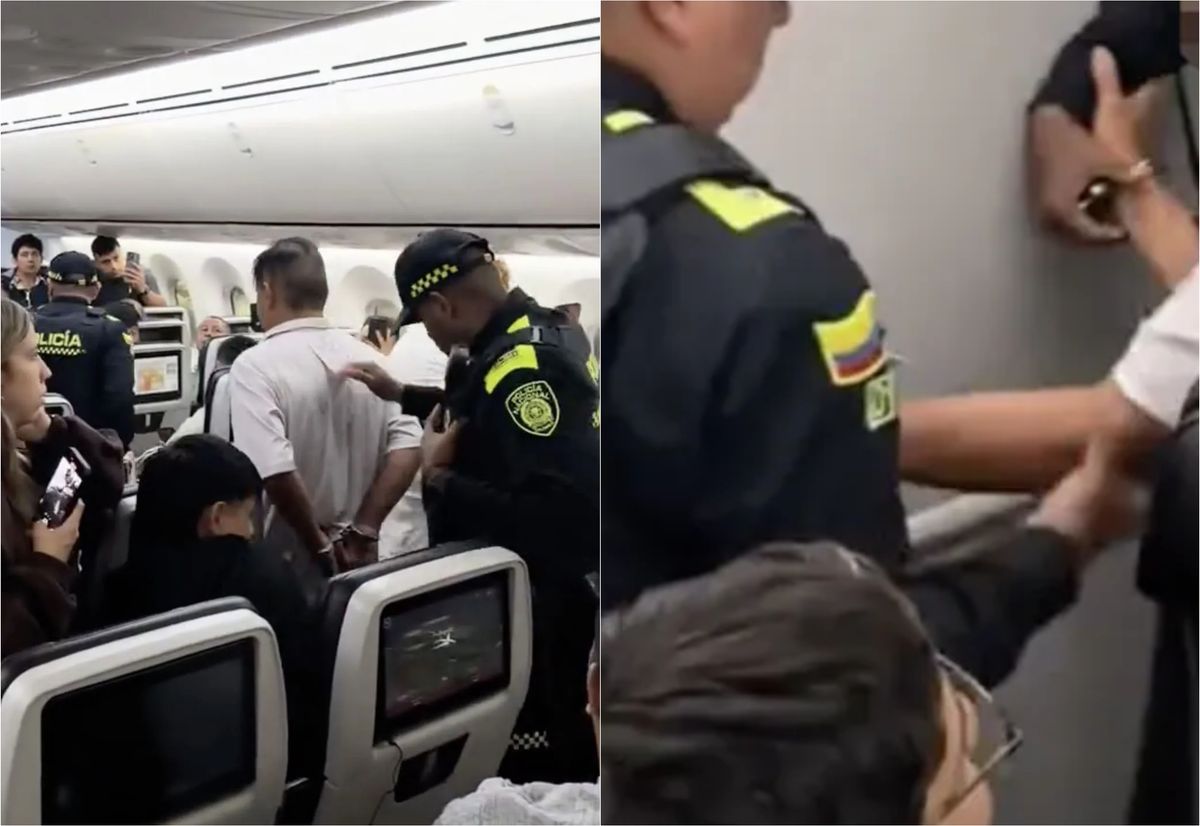Momentul surprinzator in care un barbat este retinut de politisti in avion dupa ce a fost vazut facand un gest inacceptabil Incidentul a fost filmat de un martor